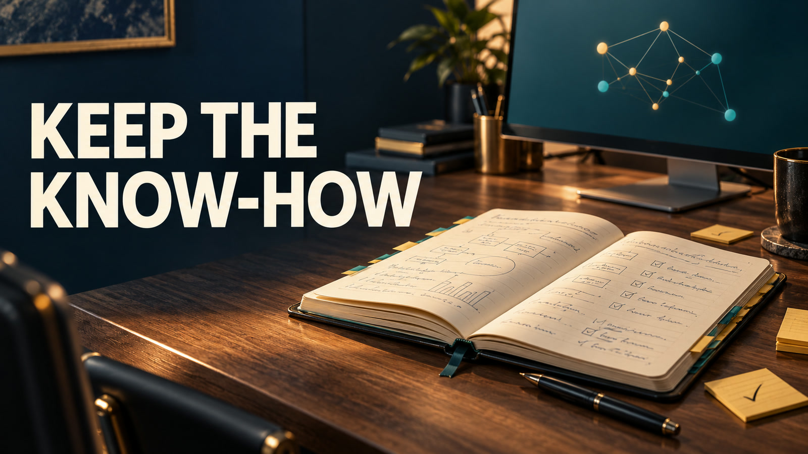 An open notebook on a desk beside the words Keep the know-how.