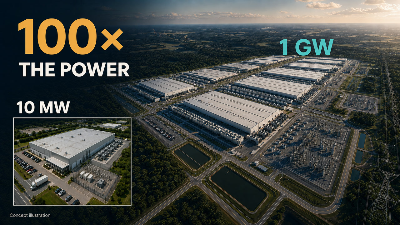 Concept illustration comparing a 10 megawatt data centre with a one gigawatt campus, labelled 100 times the power.