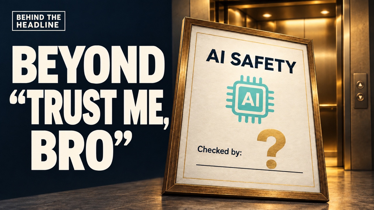 An AI safety certificate beside an elevator, asking who checked it. Beyond Trust Me, Bro.